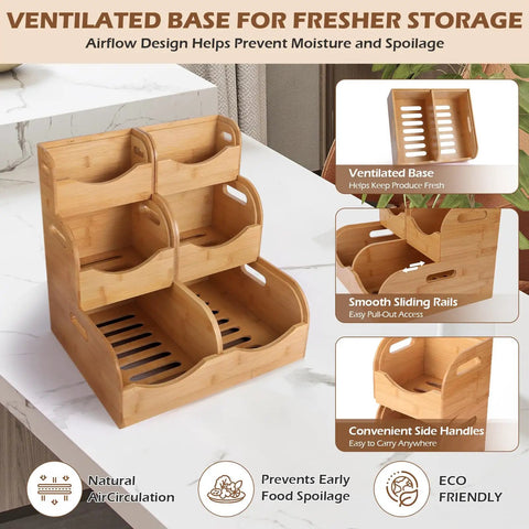 Three Tier Bamboo Pantry Organizer With Ventilated Design And Handy Handles on kitchen countertop for fruits and vegetables.