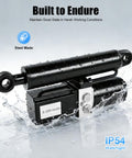 Hella Tough 8 Inch Linear Actuator 12V DC Electric Motor 4409 Lbs shown with water, steel construction, rainproof IP54 sealing.