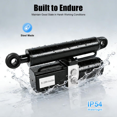Hella Tough 8 Inch Linear Actuator 12V DC Electric Motor 4409 Lbs shown with water, steel construction, rainproof IP54 sealing.