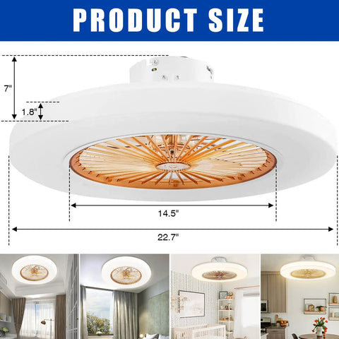 22 Inch Ceiling Fan With Light, Enclosed Low Profile LED Ceiling Fan With Remote sizes shown in various room settings