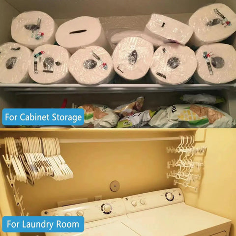 Upper cabinet with paper towels and storage, lower view of laundry room above washer with hangers, hooks for organization