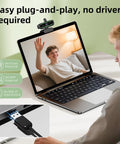 1080P HD USB Webcam With Microphone For PC And Laptop on monitor showing a video call, plug and play camera, USB connection close-up.