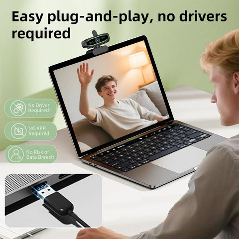 1080P HD USB Webcam With Microphone For PC And Laptop on monitor showing a video call, plug and play camera, USB connection close-up.