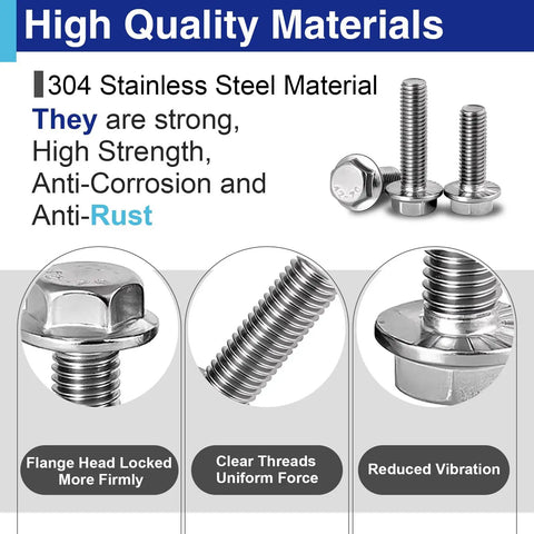 High quality 304 stainless steel hex bolts with serrated flange heads, ideal for machinery and automotive assembly.