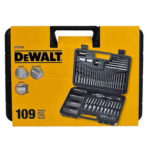 109 Piece Screwdriver And Drill Bit Set With Ratcheting Handle, Titanium Coated Steel Bits For Metal, Masonry And Wood in case