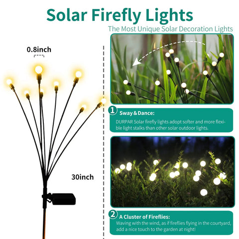 Diagram showing Solar Firefly Garden Lights 4-Pack, Waterproof Outdoor Decor With Flexible Green Stems And Leaves, Warm White Glow