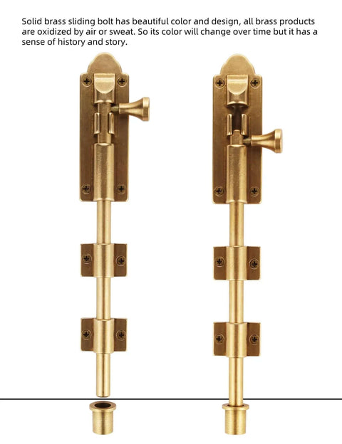 Solid brass sliding bolt with oxidized finish, mounted vertically on white background