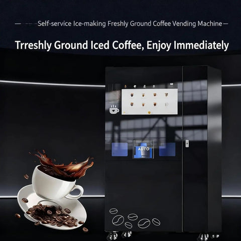 Self-service ice-making freshly ground coffee vending machine with cup of iced coffee and coffee beans on display.