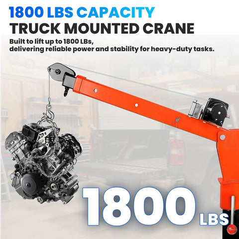 Beefy Electric Pickup Truck Crane With 1800 Lbs Lift Folding Truck Bed Crane hoisting an engine, 1800 lbs capacity displayed.