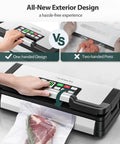 95kPa Vacuum Sealer With AquaLock Technology showing one-handed operation sealing steak in bag.