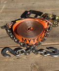 4 Pack 2 Inch Orange Ratchet Straps With Chain Anchors 4000 Lbs WLL Heavy Duty Cargo Tie Downs for Trucks on Wooden Surface
