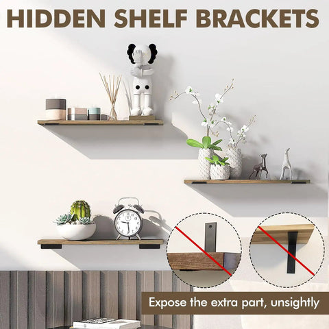 Heavy Duty Floating Shelf Brackets 12 Inch 0.2 Inch Thick 6 Pack Iron Construction With Anti Rust Coating Supports Up To 150 Pounds Per Pair Hidden Mount Design used in home shelving with various decorative items.
