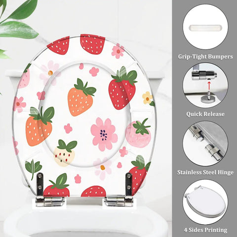 Generic Round Resin Toilet Seat for Bathroom with strawberry design, 14.5" x 16.5", durable material, fit for standard toilets.