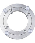 Top view of 5-Inch Rotating Bearing Turntable Base in silver, aluminum alloy, with visible ball bearings for cake decorating.