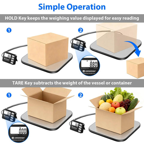 Rock Solid Digital Shipping Scale With Dead On Point 440lb Capacity And Easy Read Display showing usage with box and fruits.