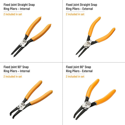 Eight Piece Fixed Joint Internal External Snap Ring Pliers Set With Conical Tips For Secure Grip Quick Switch From Internal To External Circlips Includes Built Tough Foam Tray For Easy Storage And Organization