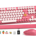 Hot Pink Typewriter Style Wireless Keyboard And Mouse Combo With Round Keycaps, Retro Candy Color, Full Size Ergonomic Set