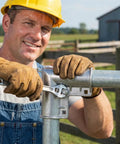 Worker installing 4 Pack Aluminum Gate Corner Elbows For Chain Link Fences, 90 Degree Angle Connector For 1-3/8 Inch Pipe