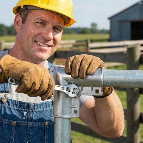 Worker installing 4 Pack Aluminum Gate Corner Elbows For Chain Link Fences, 90 Degree Angle Connector For 1-3/8 Inch Pipe