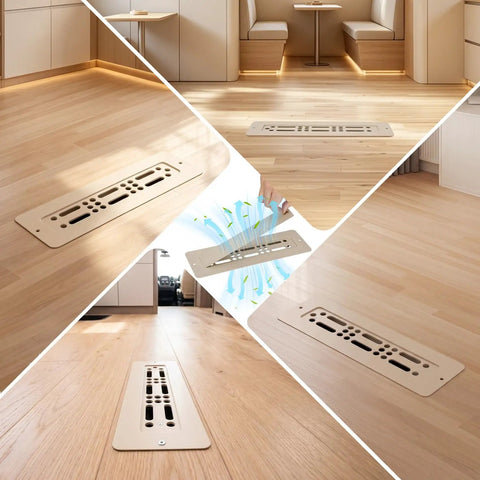 Collage of Beefy Rugged Aluminum RV Floor Vent Cover Kit 2x10 Magnetic Removable Floor Register Trap in use on wooden floors