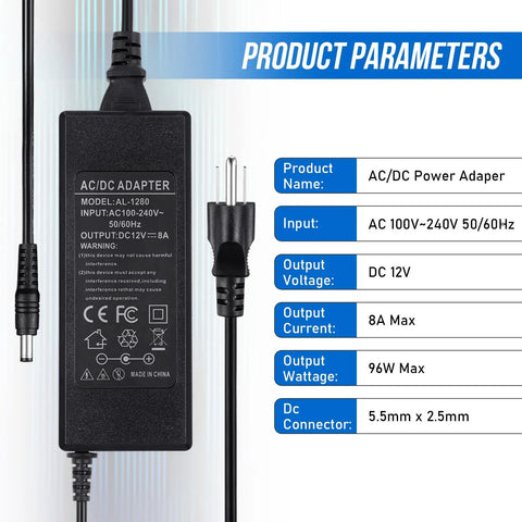 12V 8A DC Power Supply Adapter 96W Wide 100 To 240V AC Input To DC Transformer 3 Prong US Plug Barrel Jack 5.5mm By 2.5mm Safe Over Voltage Over Current Short Circuit Protections Rock Solid For CCTV Routers LED Gear label and plug