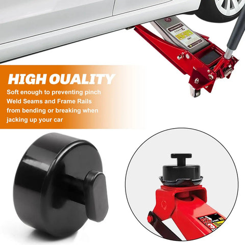 Corvette floor jack pad installed on red jack, black rubber pad detail, for 4 Pack Corvette Floor Jack Pads For Lift Pucks C5 C6 C7 C8 Models Safe Lifting Rubber Jack Point Pads That Prevent Frame And Side Skirt Damage Easy Fit And Durable For Quick Stable Lifts