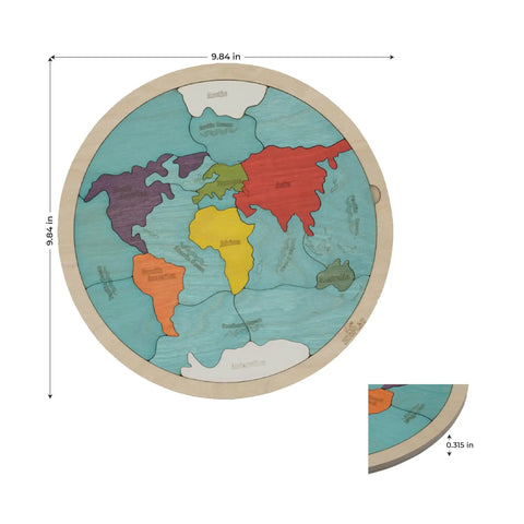 7 Continents And 5 Oceans Earth Wooden Jigsaw Puzzle For Kids With 21 Pieces, circular map showing size dimensions