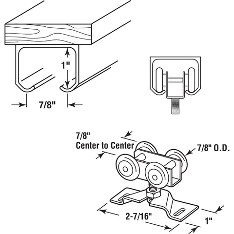 Illustration of Bi-Fold Door Roller Assembly With 7/8 Inch Convex Plastic Wheels, Steel Bracket And Ball Bearings, Zinc Plated measurements.