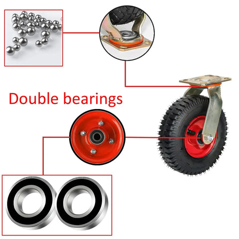 Kickass Industrial Pneumatic Casters With Locking Brake Set Of 4 showing double bearings and 10-inch rubber wheel details.
