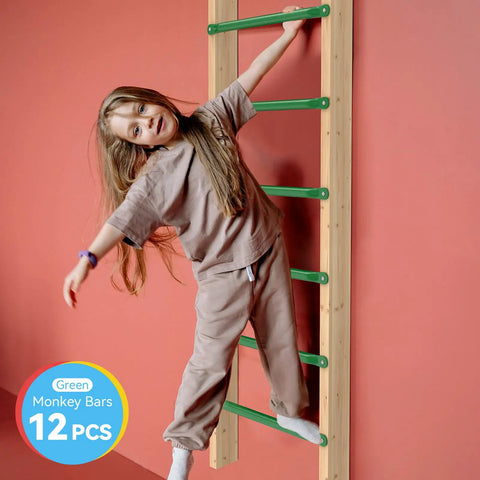 Child climbing 21 Inch Monkey Bars Kit Playground Rungs For Backyard And Indoor Outdoor Use 12 Pcs Metal Monkey Bars Set Green