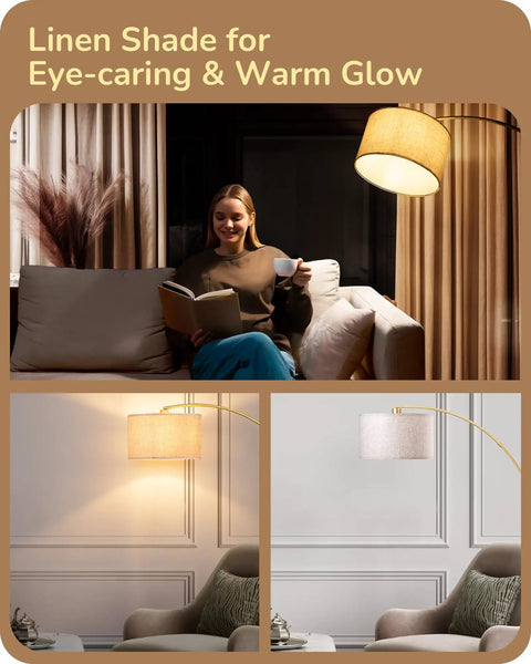 Gold Arched Floor Lamp With Remote And Dimmable Bulb Included Tall Mid Century Modern Reading Lamp in cozy living room.