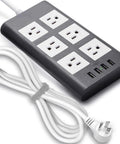 Flat Plug Power Strip Workhorse With 6 Outlets And 4 USB Ports 10 Ft Extension Cord 1875W 15A Universal Voltage 110 240V