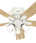 52 Inch Indoor Ceiling Fan With LED Lights And Pull Chain, low profile flush mount white ceiling fan with 5 wooden blades