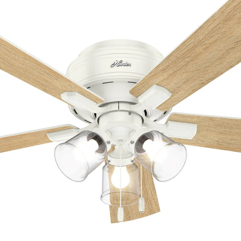 52 Inch Indoor Ceiling Fan With LED Lights And Pull Chain, low profile flush mount white ceiling fan with 5 wooden blades