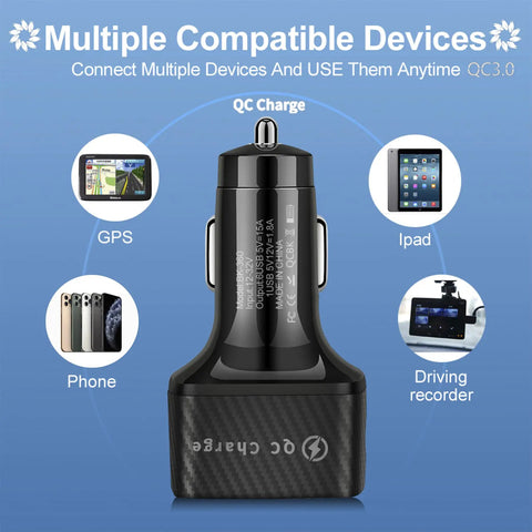 Multiport Car Charger Adapter With QC 3.0 Fast Plug Hub And Universal USB Power, showing connectivity for GPS, iPad, phone, and driving recorder.