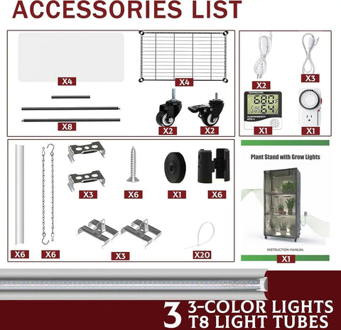 Indoor Mushroom Grow Tent Kit accessories list with T8 full spectrum light, timer, humidity/temp meter, and instruction manual.