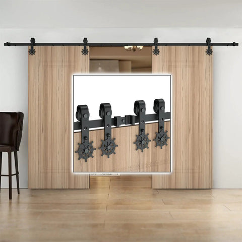 Helmsman 8 Ft Heavy Duty Wood Sliding Barn Door Hardware Kit For Double Doors Carbon Steel Wall Mounted Flat Track System