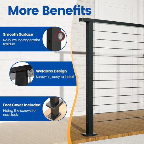 Killer Black Cable Railing Post Surface Mount Deck Railing Kit Pre Drilled Level Holes Zero Drama Assembly close-up of smooth surface and weldless design.