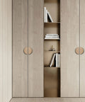 Walnut Wood Circular Cabinet Drawer Pulls Four Pairs Round Wood Grain Handles installed on light wood cabinets in a modern kitchen