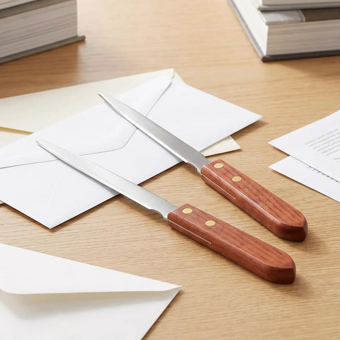 Two Pack Letter Openers With Wood Handle And Stainless Steel Blades For Grab And Go Envelope Slitters on desk with mail