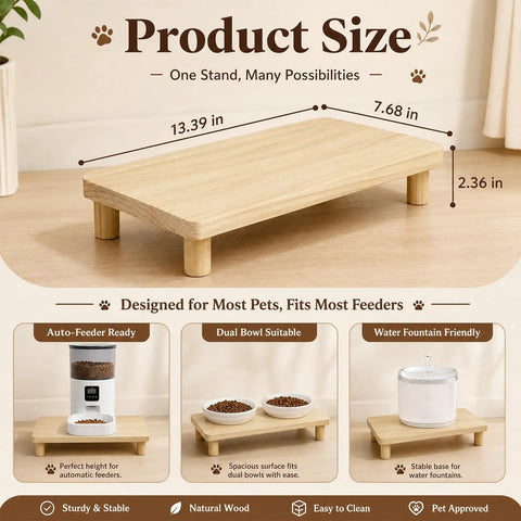 Elevated Cat Food Stand, Ergonomic Neck And Spine Care Feeding Table, wooden riser with dimensions for stable feeding setup.