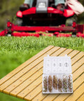 Dowel Pin Set With 50 Pieces And Four Sizes Heavy Duty Safety Spring Pins With Locking Rings on wooden table near lawn mower