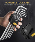 Hand holding 27-Piece Magnetic Allen Wrench Set With Extra-Long Ball End Hex Keys S2 Steel SAE Metric And Torx Keys Color-Coded L Keys
