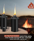 Six Pack Citronella Torch Replacement Canisters 16 Oz Refillable Torches With Wicks For Outdoor Parties Backyard Barbecues And Garden Decor Mosquito Repellent Lighting, showing two black metal canisters with lit wicks.
