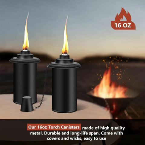 Six Pack Citronella Torch Replacement Canisters 16 Oz Refillable Torches With Wicks For Outdoor Parties Backyard Barbecues And Garden Decor Mosquito Repellent Lighting, showing two black metal canisters with lit wicks.
