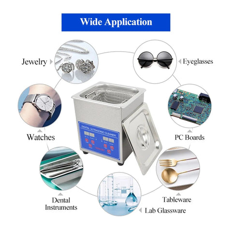 Heavy Duty Digital Ultrasonic Cleaner 3.2L Tank With Basket showing versatility for cleaning jewelry, dental instruments, and lab glassware.
