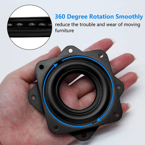 Kick Off Your Next Custom Build With This Pack Of Four 3 Inch Square Turntable Bases Delivering Smooth Swivel Bearing Plates For Heavy Duty Furniture Assembly Solid Black Steel Base in hand showing 360-degree rotation.