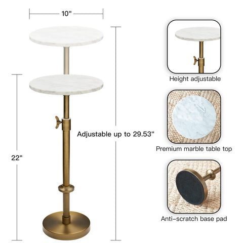 Adjustable Height Marble Drink Table With White Marble Top And Antique Brass Pedestal, size and features diagram