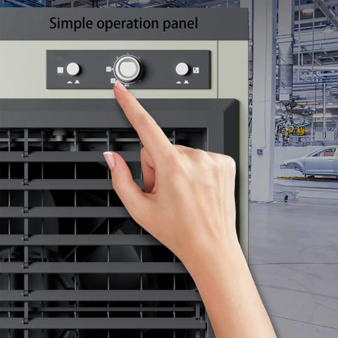 Mobile Pedestal Evaporative Cooler With Easy Top Fill Tank 3 In 1 Swamp Air Cooling Fan operation panel being adjusted