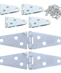 Heavy Duty Iron Door Hinges 6 Pack 4 Inch Extended T Shape Acting As A Silent Smooth Operator For Barn Swings Includes Folding Brackets Ready To Drop In And Secure with screws.